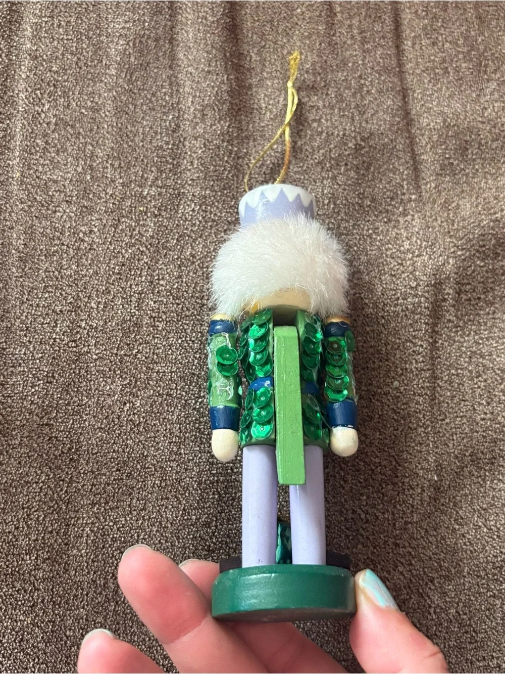Vintage Green Sequin Nutcracker Ornament Wooden Holiday Christmas